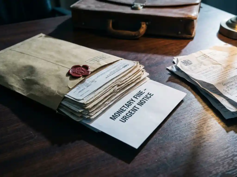 Officiële boetebrief met rood lakzegel op mahonie bureau, omringd door juridische documenten en belastingpapieren.