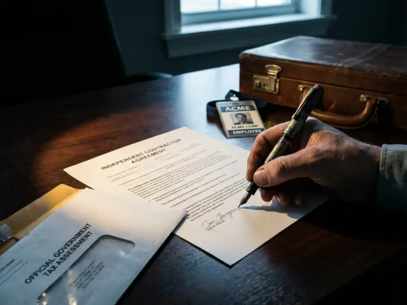 Handen ondertekenen freelancecontract op bureau, met belastingbrief en werknemersbadge zichtbaar, symboliseert schijnzelfstandigheid.