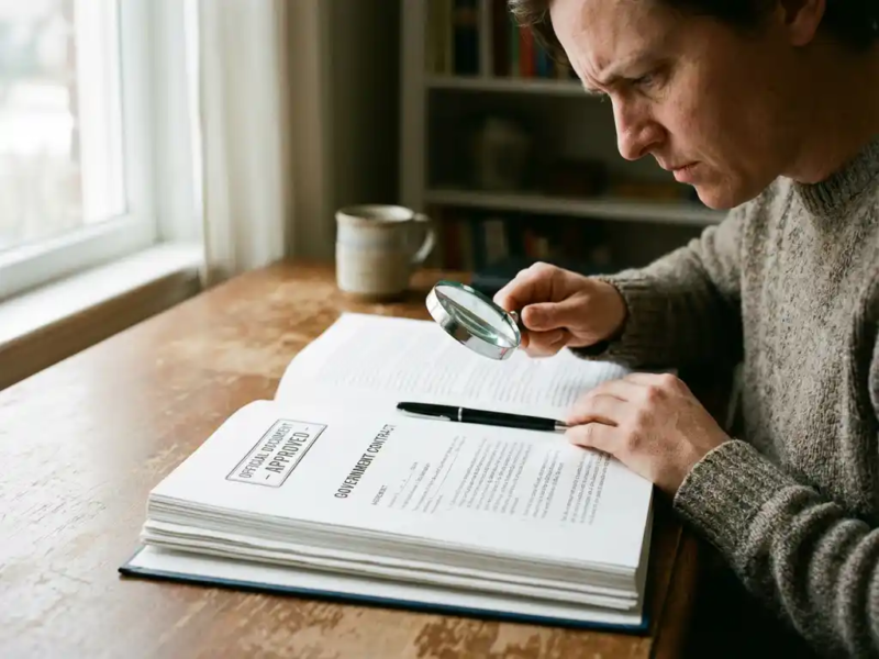 Freelancer bekijkt aandachtig officiële contractdocumenten op een houten bureau bij natuurlijk daglicht.