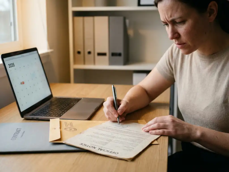 Freelancer bekijkt aandachtig een officieel overheidsdocument aan een houten bureau met laptop, envelop en contractmap in 2026.