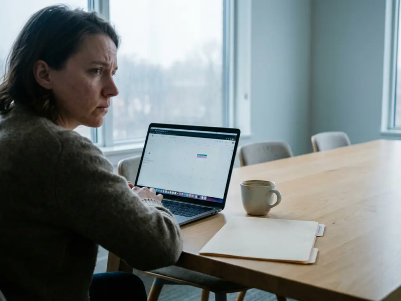 Freelance professional zit peinzend achter een minimalistisch bureau met een laptop met bijna lege agenda, in koel, overcast licht.