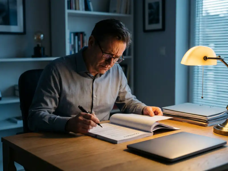 Zelfstandige professional bestudeert aandachtig een contract aan een houten bureau, verlicht door een warme bureaulamp.