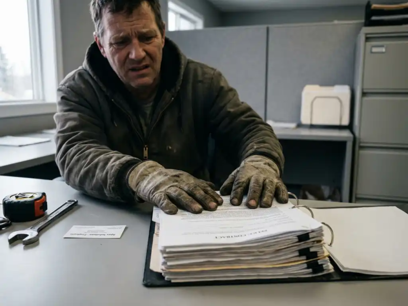 Zelfstandige vakman aan bureau, handen op stapel contracten, gereedschap en visitekaartje werkgever naast hem, gespannen uitdrukking.